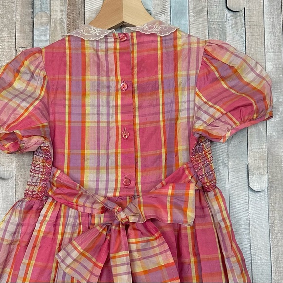 Laura Ashley 5 Vintage Girls Silk Smocked Lace Collar Plaid Dress Play Party - Picture 7 of 9